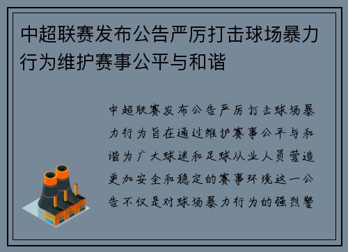 中超联赛发布公告严厉打击球场暴力行为维护赛事公平与和谐 中超联赛发布公告严厉打击球场暴力行为维护赛事公平与和谐