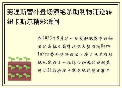 努涅斯替补登场演绝杀助利物浦逆转纽卡斯尔精彩瞬间