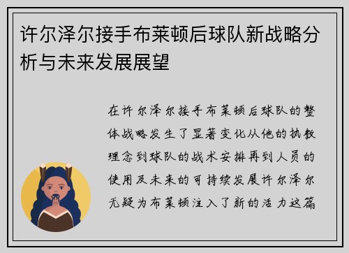 许尔泽尔接手布莱顿后球队新战略分析与未来发展展望 许尔泽尔接手布莱顿后球队新战略分析与未来发展展望